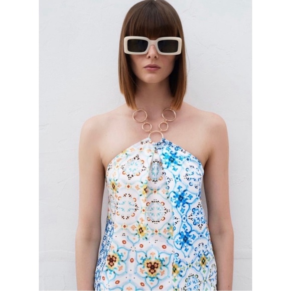 Zara white satin geometric pattern chain halter top - Picture 1 of 11